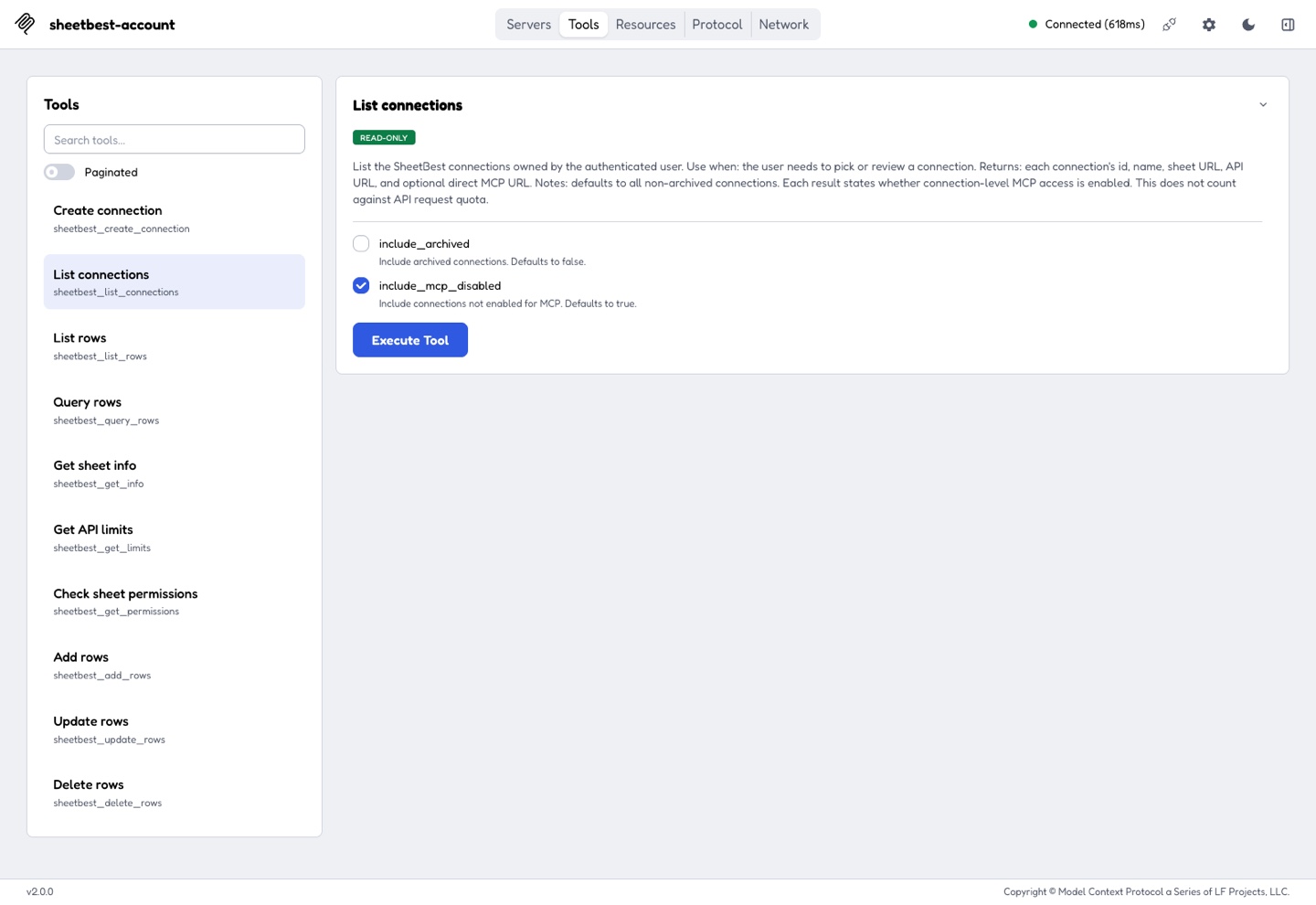 Sheet Best MCP tools available to an AI assistant, including connection discovery and Google Sheets row operations.