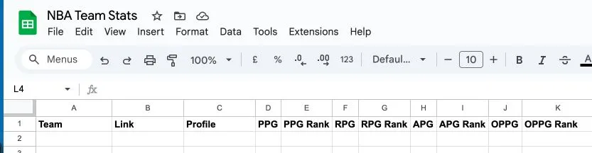 Google Sheets setup with NBA team data columns including Team, Link, Profile, PPG, RPG, APG, OPPG, and ranks