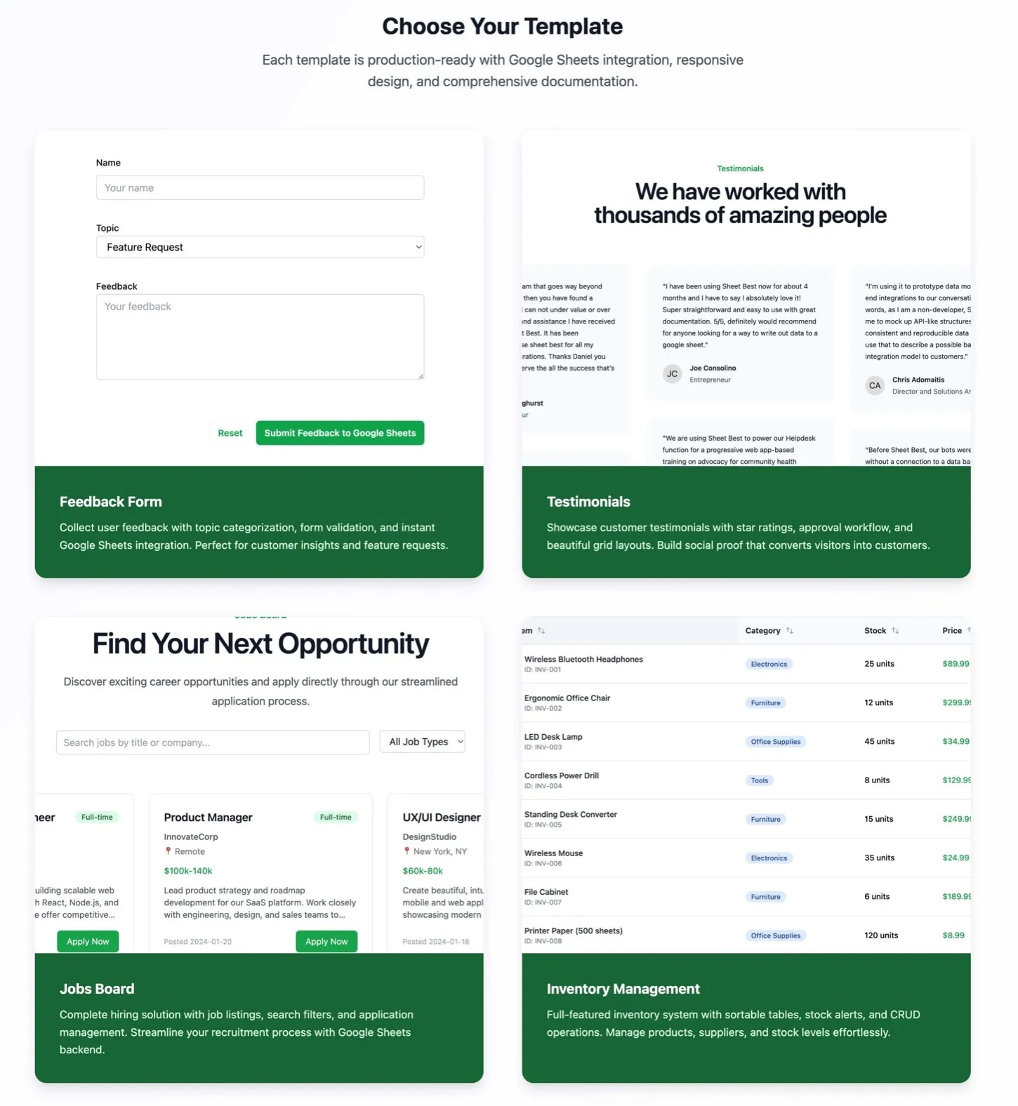 SheetBest Templates homepage showing available templates