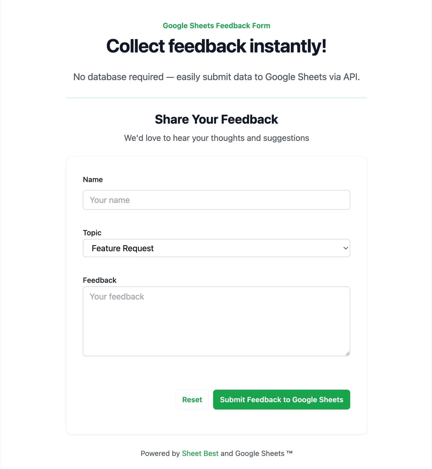 Feedback Form template with topic categorization and validation
