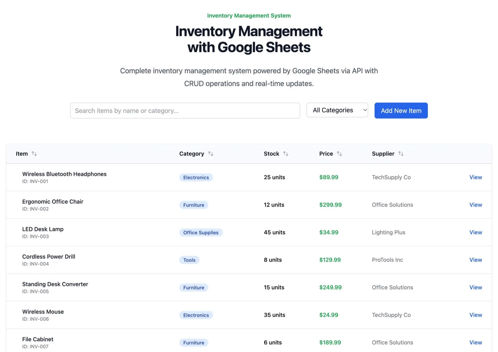 Inventory Management template with sortable tables showing products, stock levels, and suppliers